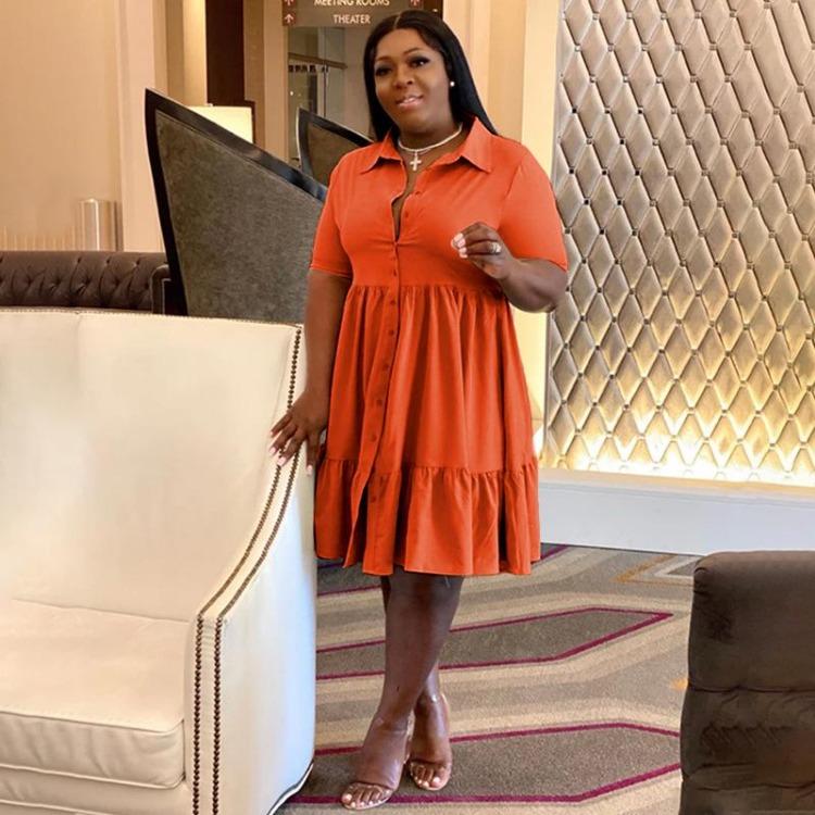 Elegant Casual Solid Color Shirt Dress Summer Short Sleeve Lapel for Plus Size Women