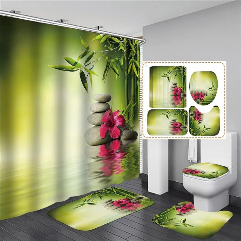 Full Set Bathroom Shower Curtain Set And Rugs Waterproof Fabric Furniture Accessory Zen Flow Water Bamboo For Bath Decoration