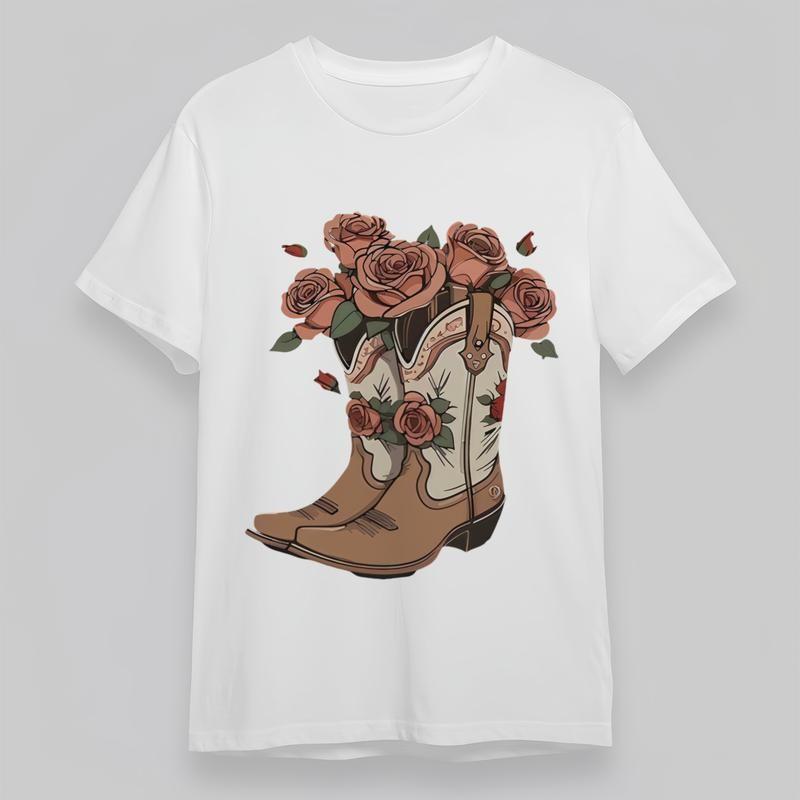 

Women s Plus Size Classic T-Shirt Western Boot with Rose Bouquet Graphic Tee 2XL