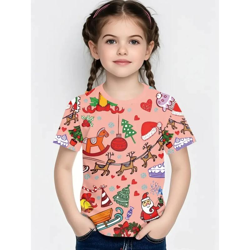 Round Neck 3D Christmas Theme Printed Short Sleeved Children's Girl T-shirts - Soft Medium Stretch Polyester Fabric Summer Relaxed Fit Clothing