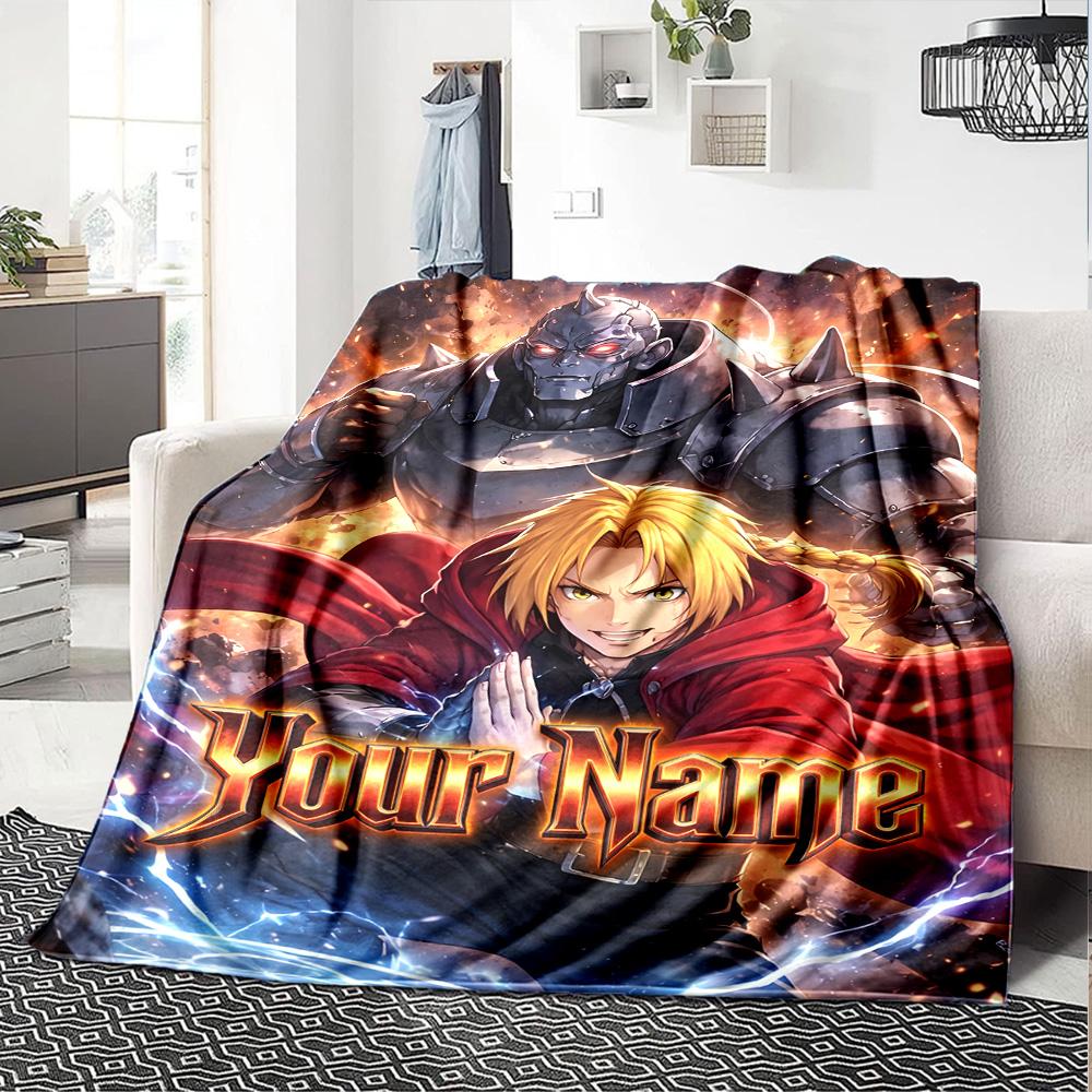 1pc Fullmetal Alchemist Blanket with Custom Name, Gift, for Men and Women, Soft Blanket, Good for Sofa Bed Couch Travel, Lightweight Flannel Blanket
