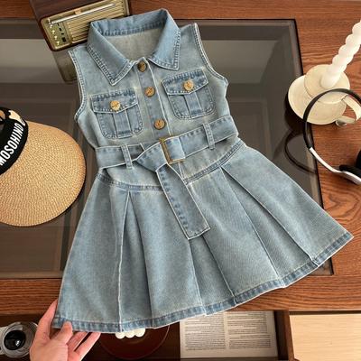 Girls' Fashionable Sleeveless Denim Dress Summer Korean Version Children's Lapel Waist Cinched Vest Dress for Baby Kids Clothes