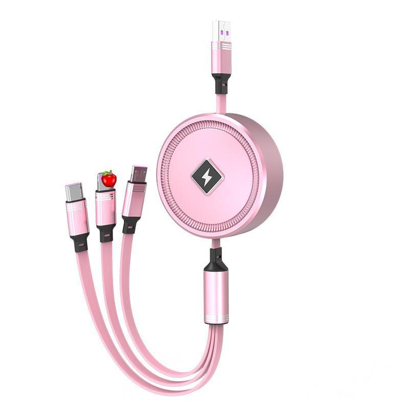 66W Fast-Charging Retractable 3-in-1 Data Cable with Storage & Electroplated Type-C