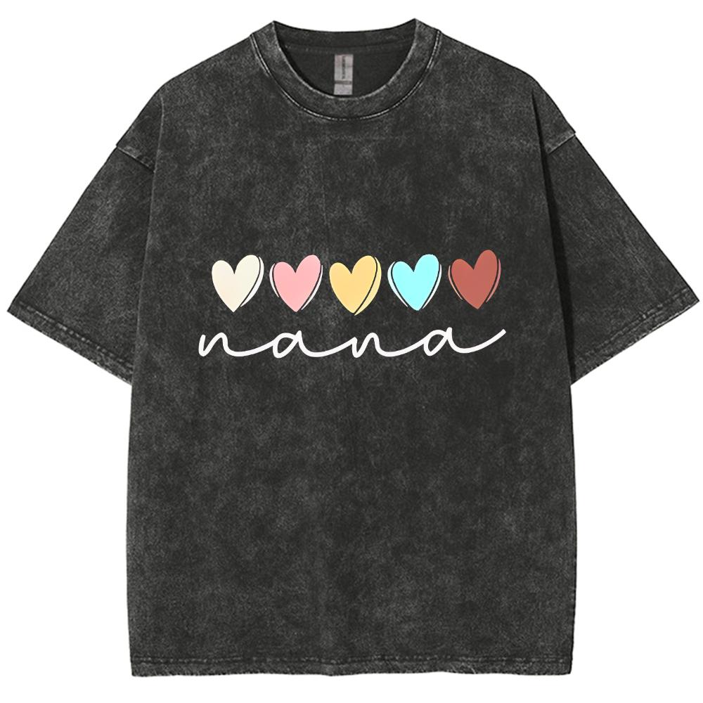 Five Colorful Heart Print Washed Women's T-Shirts Oversized Loose Dropped Sleeves Tees Simple Top Everyday Wear