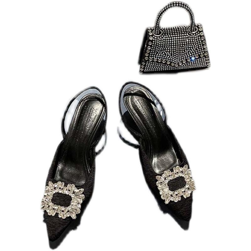 

Нежные зеленые сандалии квадратная пряжка стразы острый задник пустые сандалии-стилет женские туфли 34 чёрный