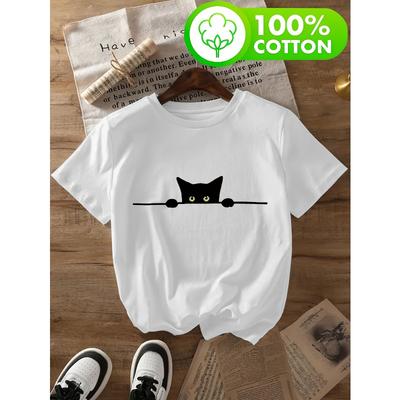 Taglie europeeT-shirt da donna con stampa Gatto Nascondino, Design 100% Morbido e Confortevole, Abbigliamento Casual per Uscite Primaverili/Estive, 80-A64-60932
