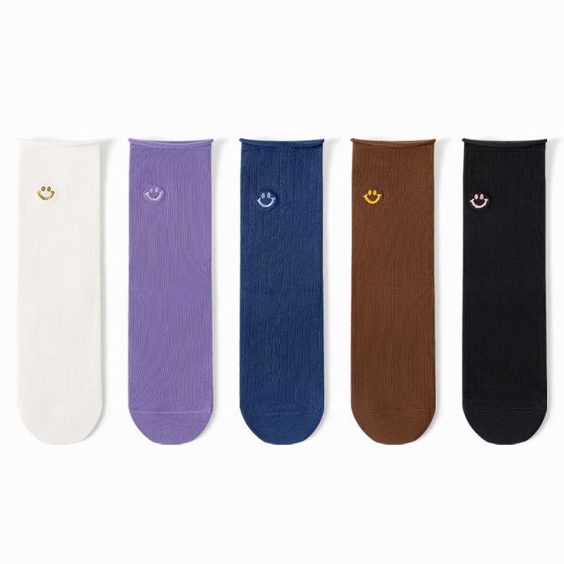 Female Spring and Autumn Color Embroidery Vertical Bar Rolled Edge Antibacterial Drum Pile Pile Cotton Socks