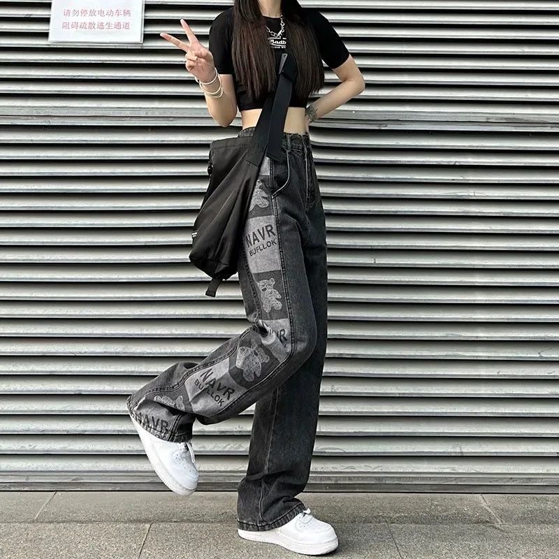 Bear Printed Cargo Jeans Y2K Streetwear s vysokým pásom 90S Baggy Jeans Ženy Nohavice Rovné džínsy