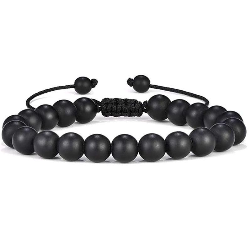 Pulseira Tecida Masculina Olho de Tigre e Pedra Vulcânica - Presente de Joia Feito à Mão, Contas de Ágata Negra de 8mm