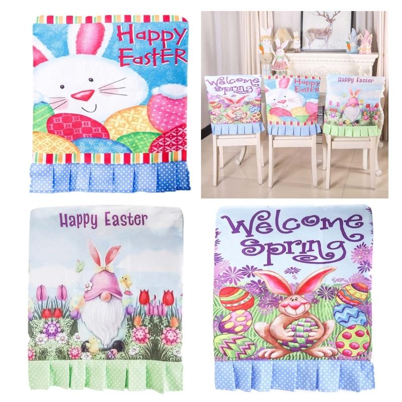 Rabbit Eggs Printed Chair Back Cover Easter Holiday Party Ruffle Hem Chair Slipcover Washable Furniture Protective Cover