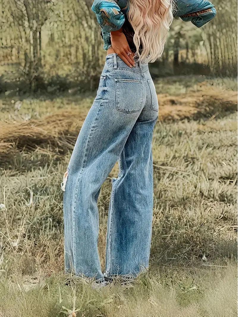 

Women s Blue Sky & Cloud Ripped Wide-Leg Elastic Jeans XL павлин голубой