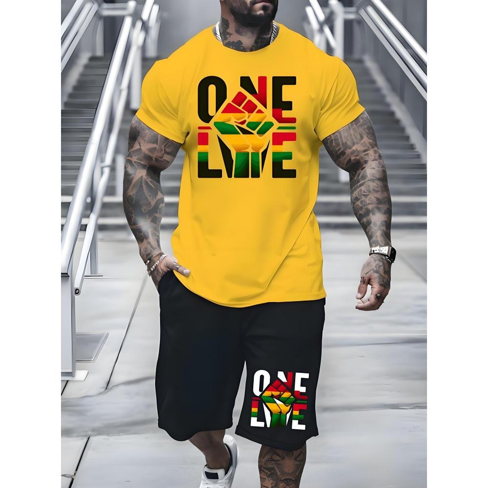 Fashion Colorful Love Graphic T-shirt Shorts Set Summer Sports Short Sleeve Shorts 2-piece Set Men's Quick Dry Sportswear Suit