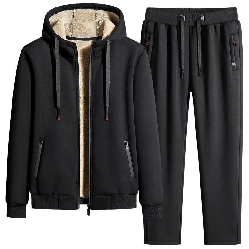 Plus Size Men Casual Tracksuits New Autumn Winter Men Sets Men's Fashion Plus Fleece Thickened Warm Pure Cotton Hooded Sportwear Suit