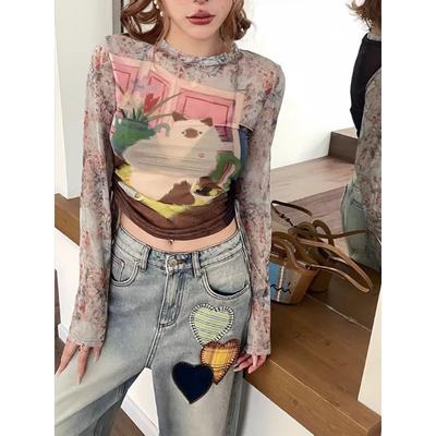 American Retro Printed Long-sleeved T-shirt Women Early Autumn New Slim Versatile Design Top Ins Trend