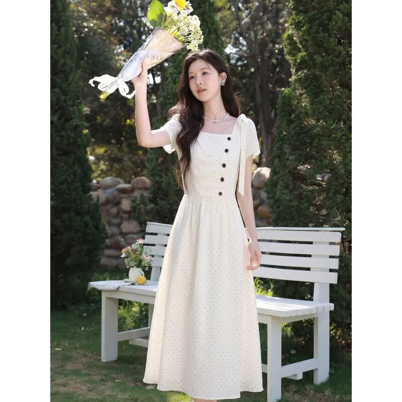 Women s Elegant Square Collar Polka Dot A-line Dress M