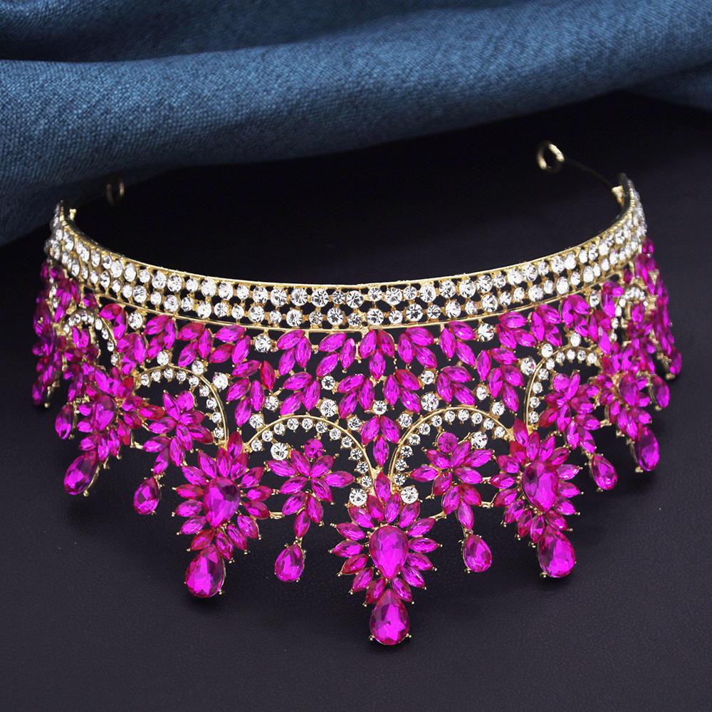 Luxury Rose Red Crystal Tiaras and Crowns for Bride Wedding Crown Headdress Princess Queen Birthday Prom Hair Jewelry Pageant