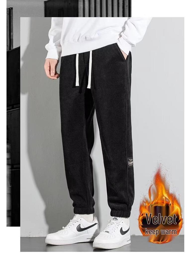 Men's Fleece-Lined Corduroy Joggers: Autumn/Winter Elastic Waist Casual Pants, Korean-Style Trendy and Versatile.