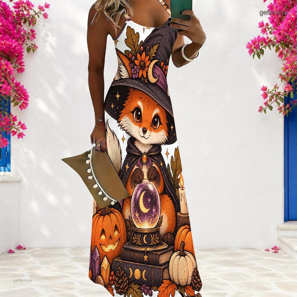 Women Plus Size Scoop Neck Strappy Sleeveless A Line Long Dress Cartoon Panda Ghost Printed White