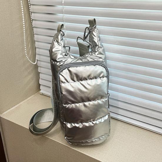 Water Cup Bag with Wide Shoulder Strap Double Zippered Pockets Waterproof Fabric Adjustable Strap Quilted Fabric Phone Bag