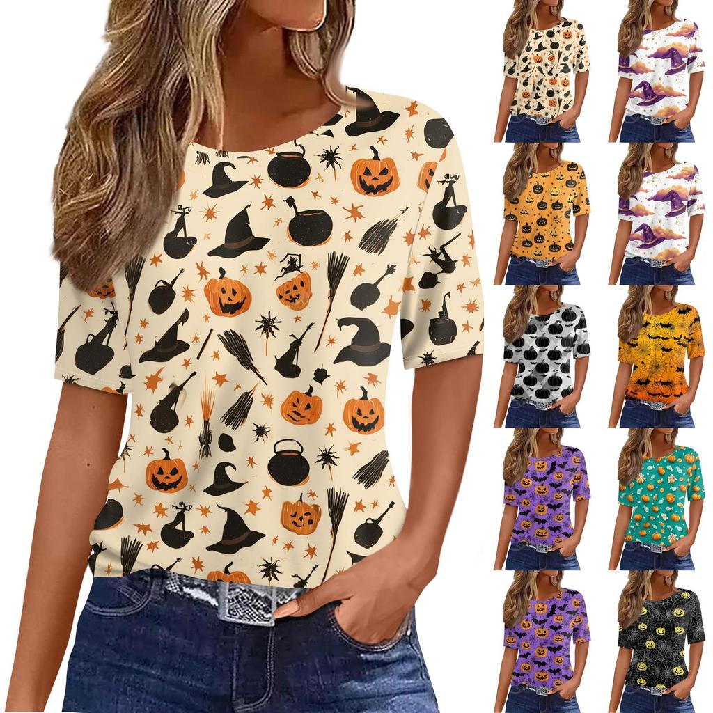 Women's Short Sleeve Halloween and Pumpkin Print T-Shirt, Casual Round Neck Pullover Top for Women