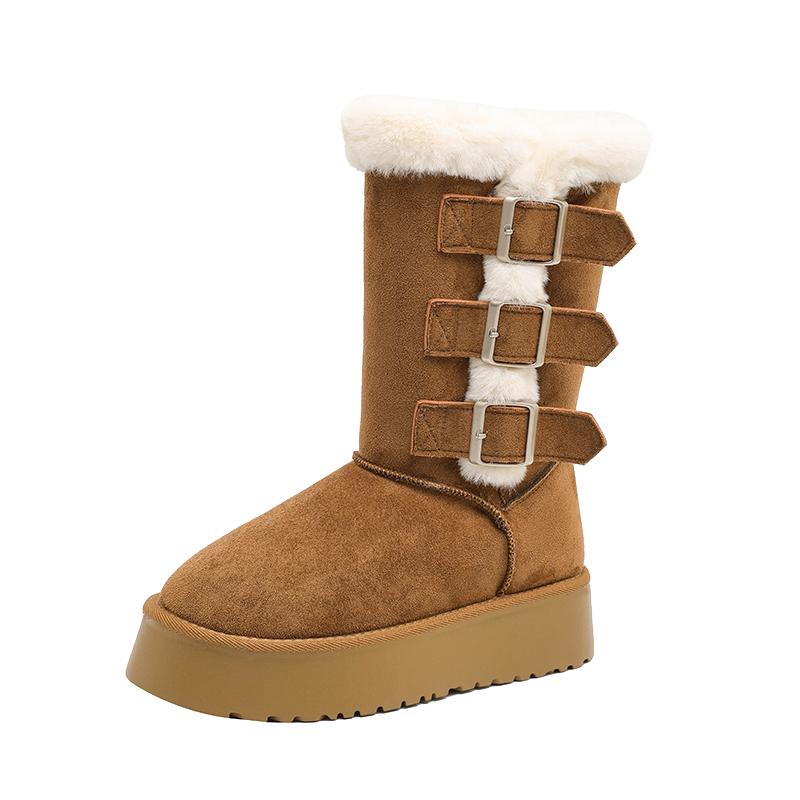 Mid-tube Snow Boots 2025 Winter New Round-toe Spliced Suede Leather Buckle Platform Non-slip Flat Cotton Shoes 35