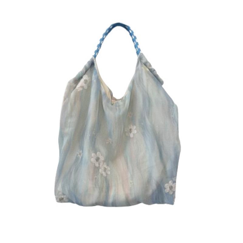 Tulle embroidery small fresh commuter tote bag literary canvas bag travel vacation shoulder bag