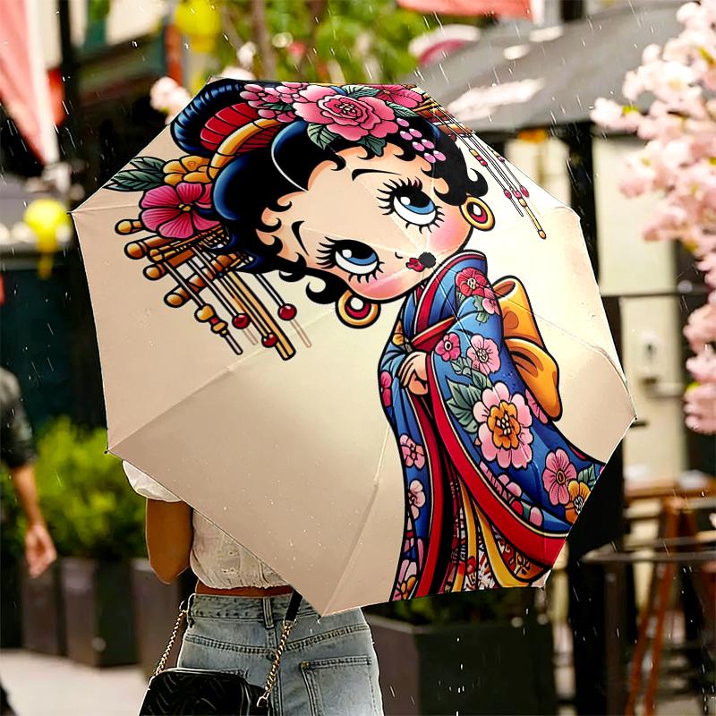 1pc Sturdy 8-Bone Auto Umbrella, Betty Boop Umbrella, Digital Printed, Foldable Umbrella for On-the-Go Outdoor Use