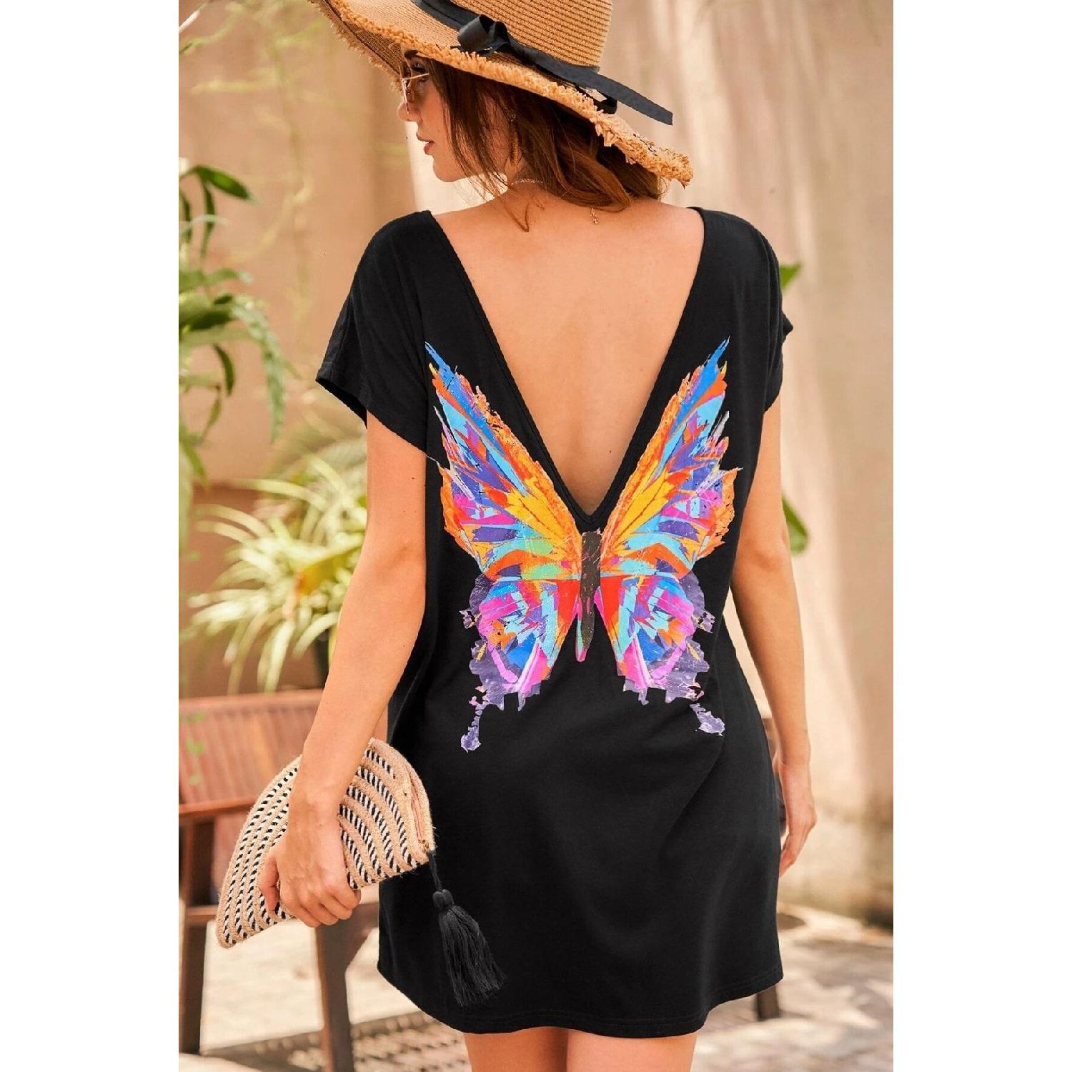 

Женское черное платье оверсайз с принтом бабочки на спине S чёрный