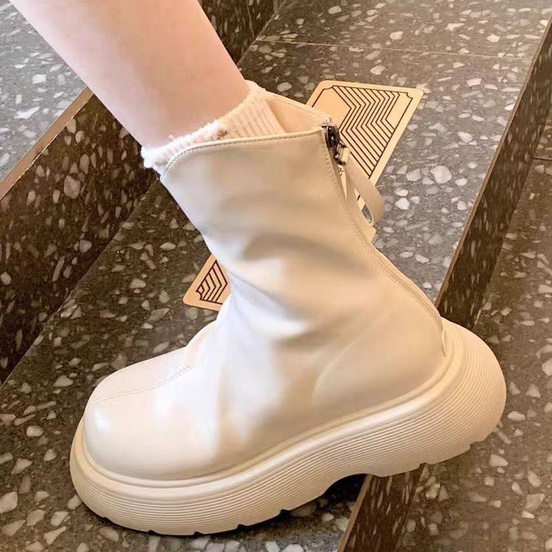 Fashion Platform Mid-tube Shoes Autumn and Winter New Round Toe Rear Zipper Non-slip Waterproof Soft-soled Shoes