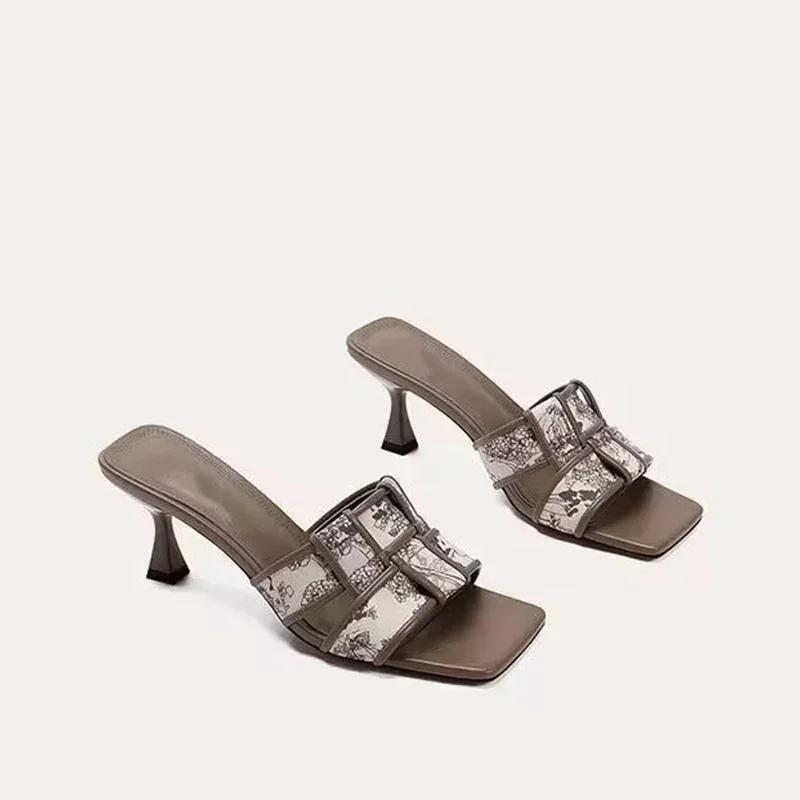 High Heels Slippers Print Random Women Shoes Summer Sandals Dress Casual Flip Flops 2024 Designer Square Toe Pumps Female Slides