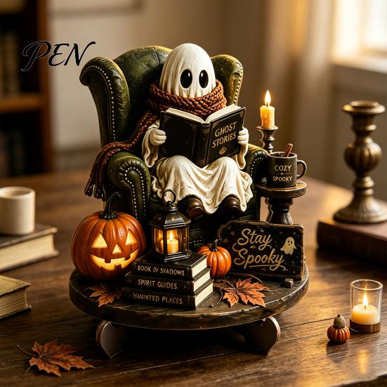 Cute Ghost Figurine Halloween Reading Figurine, Wooden Desktop Ornaments, Vintage Style Window Ornaments Statue with Stand for Home Tabletop Fireplace