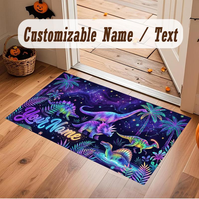 Dinosaur Theme Soft Crystal Velvet Rug Custom Name & Text Print Non Slip Floor Rug for Bedroom Living Room