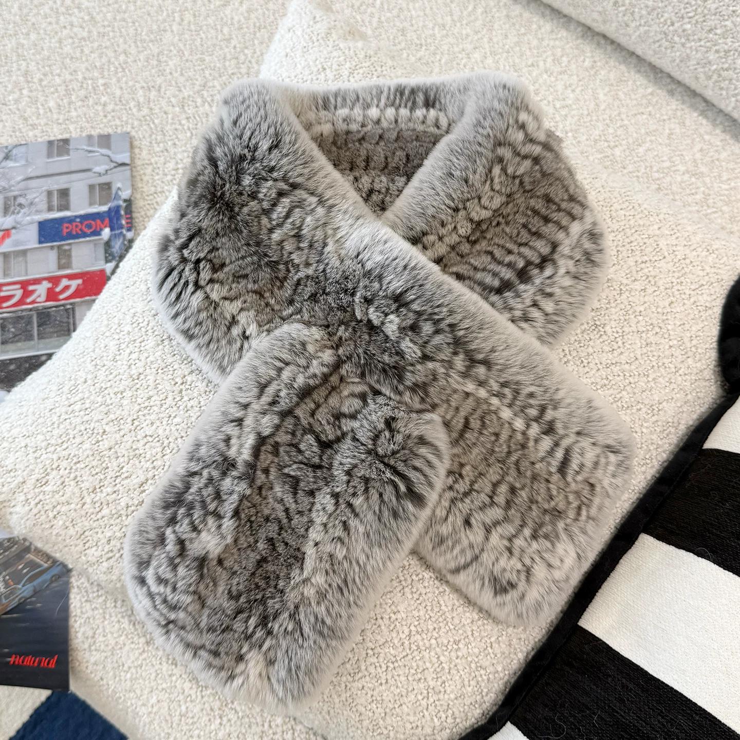 Rex Rabbit Hair Woven Fur Scarf, Double-sided Scarf, Korean Version of Women s Winter Warmth, Pink Blue.