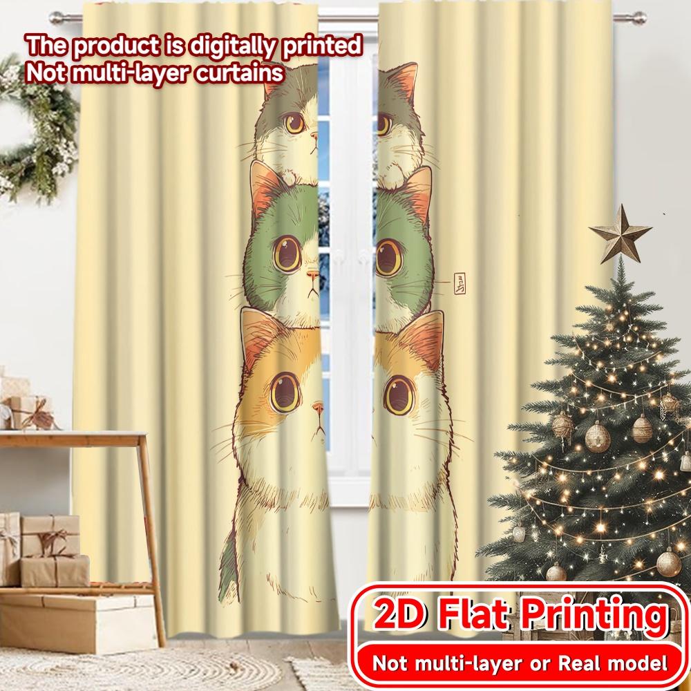 

2D FLAT PRINTING 2pcs Curtains (Without Rod) Cute Cats Stacking Up Holiday New year Printed Curtains Polyester Easy Install 100*130 Rod Pocket 1pcs