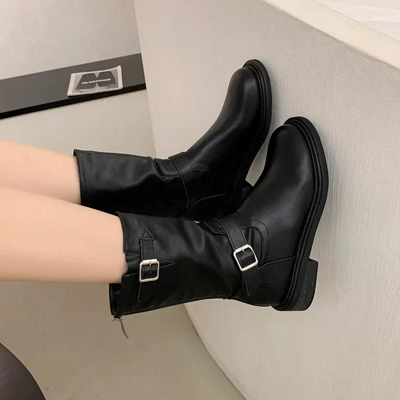 Chunky Women Short Boots Fashion Side Zippers Platform Thick Heel Motorcycle Booties Retro Style Autumn Winter Female Shoes