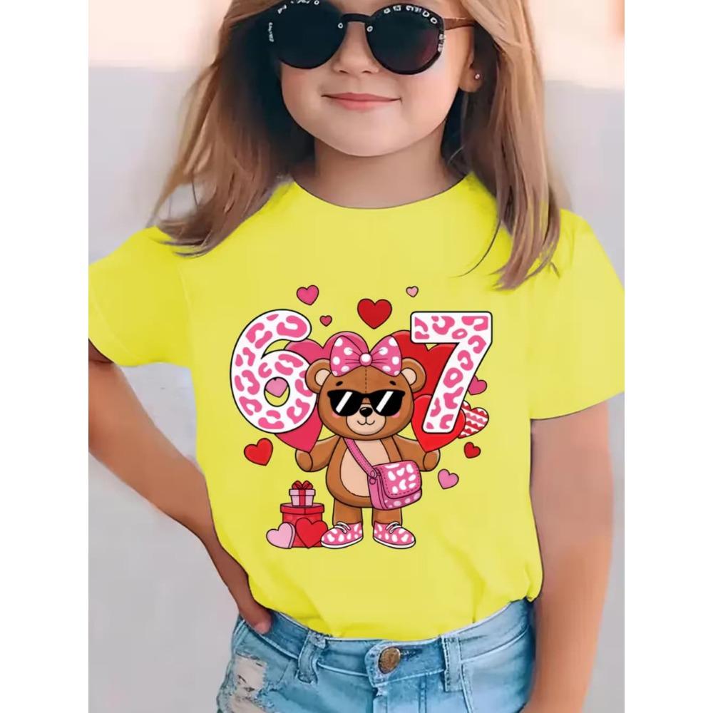 Children's Cute Girl T-Shirt Cartoon Bear Digital 67 Print Fashion Round Neck Short Sleeve Top Clothing Gift Children's Clothing