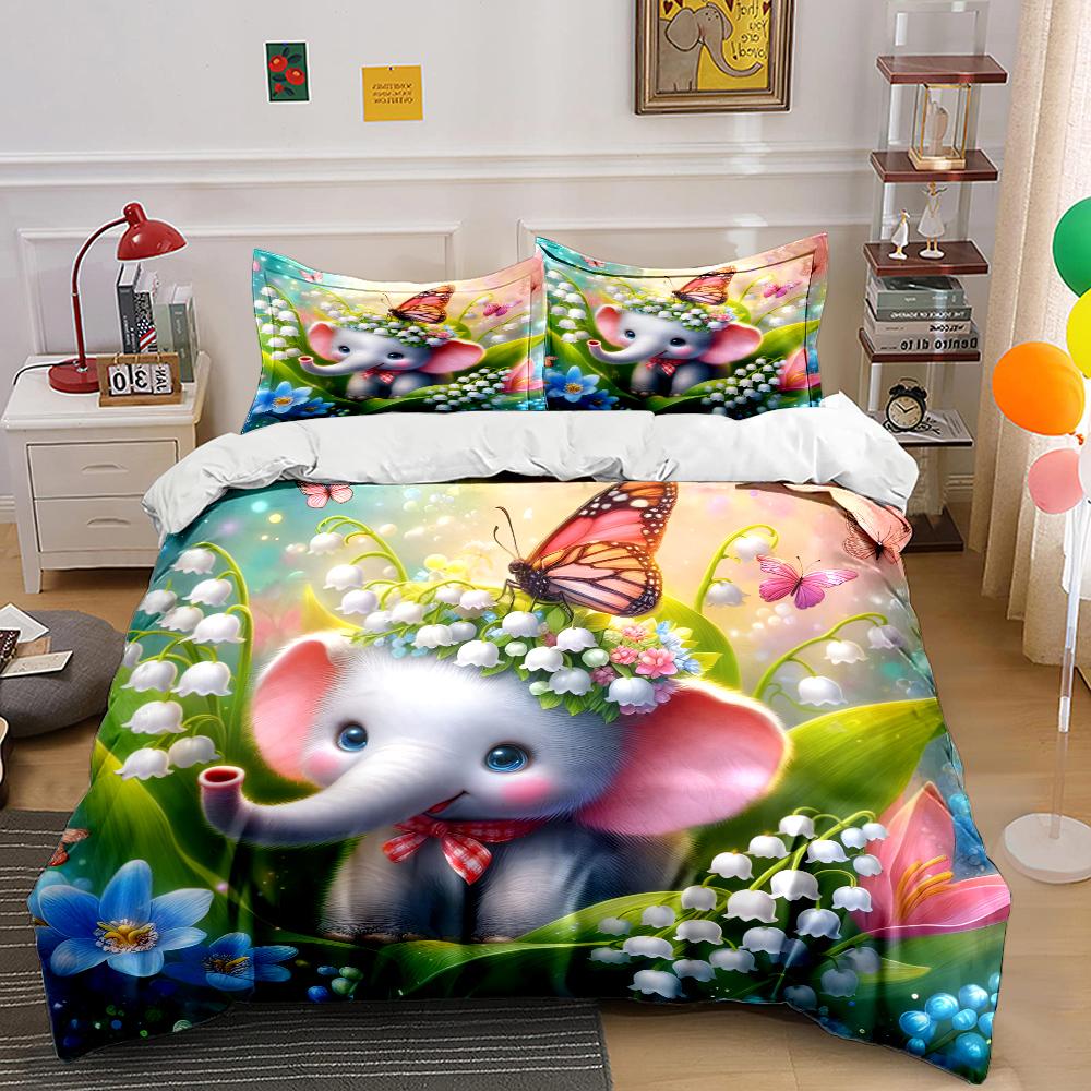 Cute Elephant with Butterfly Wreath Print Bedding Set 1 Duvet Cover 2 Pillowcases for Adult and Children Luxury Gift Full Size