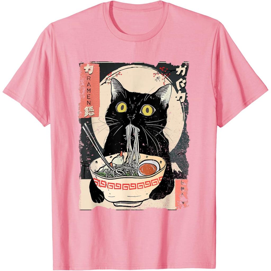 Black Cat Eating RaUnisex Japanese Ukiyo Style Graphic Tee T-Shirt Anime Food Lover Gift