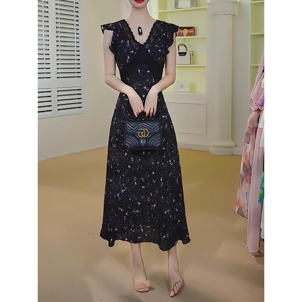Retro floral lace splicing sleeveless dress female casual girl summer temperament long skirt