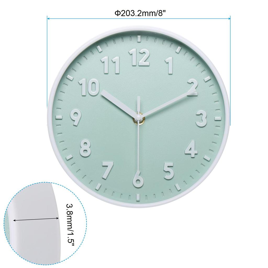 PATIKIL 20 Cm Wall Clock, 3D Numbers, Quartz Movement, Silent, No Tick-Clack, Round Wall Clock, for Office and Bedroom Decoration, Light Green