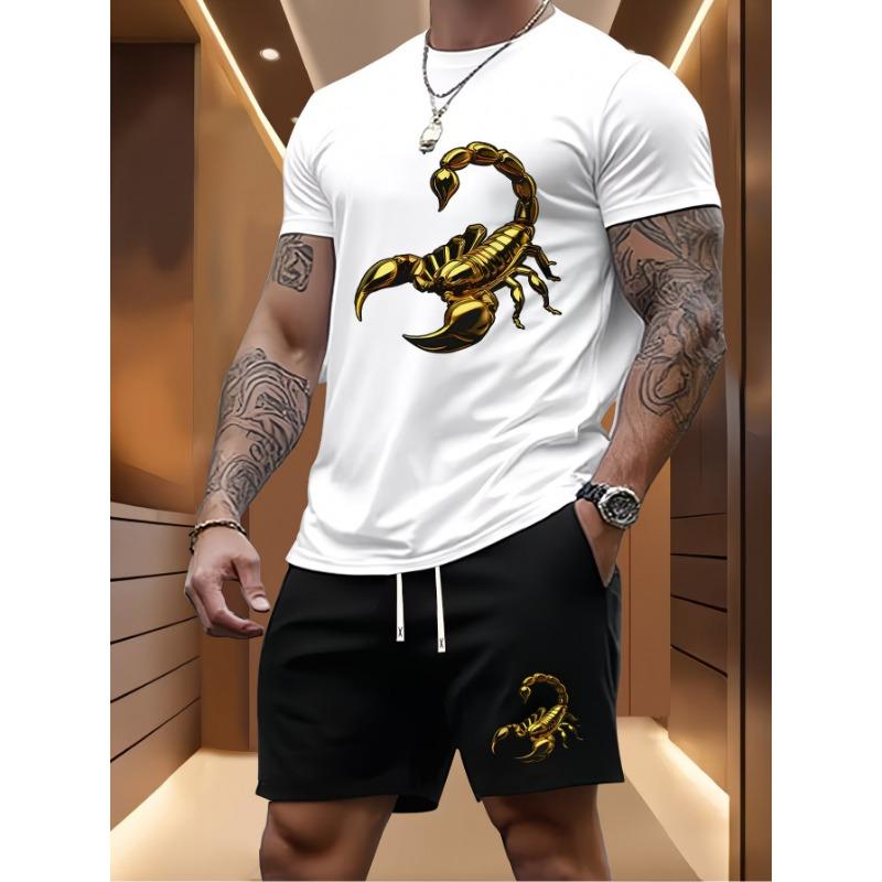 Men's Golden Scorpion Print Casual Sports Two-piece Set, Round Neck Short-sleeved T-shirt, Drawstring Shorts
