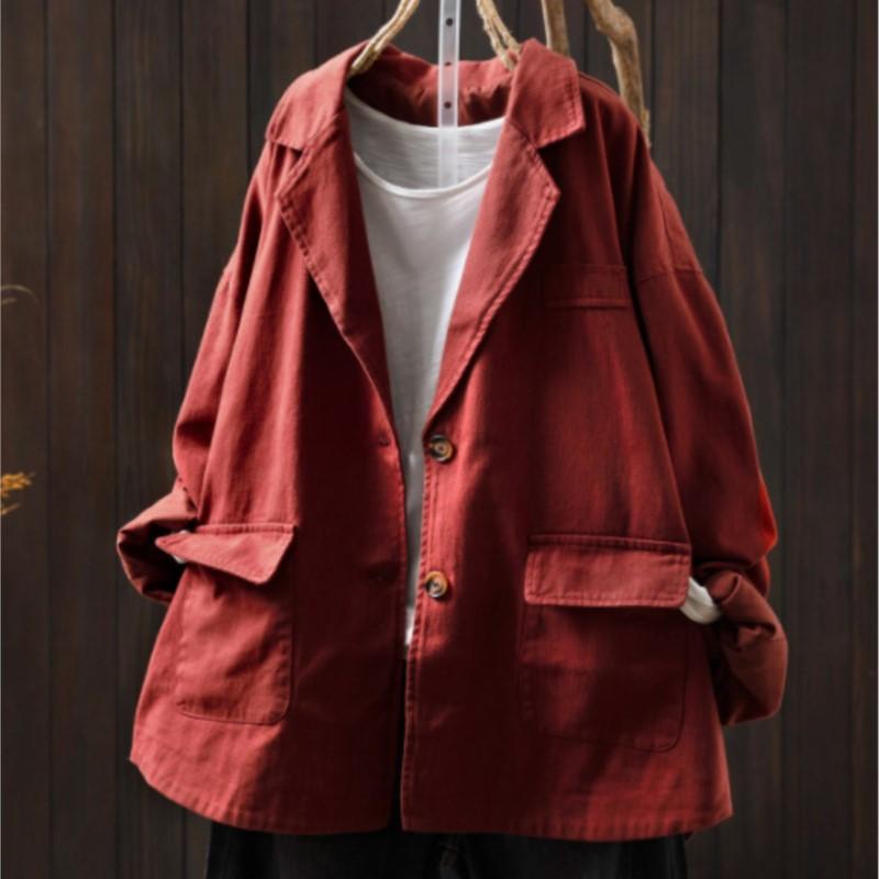 Johnature Women Vintage Jackets Solid Color Turn-down Collar Coats Autumn Button Pockets Loose Female Jackets