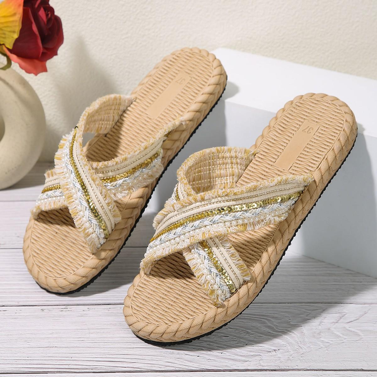 

Мода 2024 года Сандалии Женские Новые Тапочки Летние Кросс Драг Модные Пеньковые Веревочные Верхние Тапочки Повседневные Сандалии и Тапочки 42 бежевый