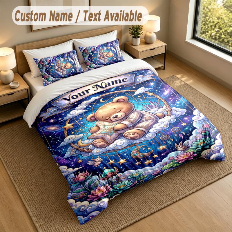 Bear Panda Theme Personalized 3Pcs Bedding Set Custom Text & Name 1 Sheet 2 Pillowcases Household Bedding 1pc