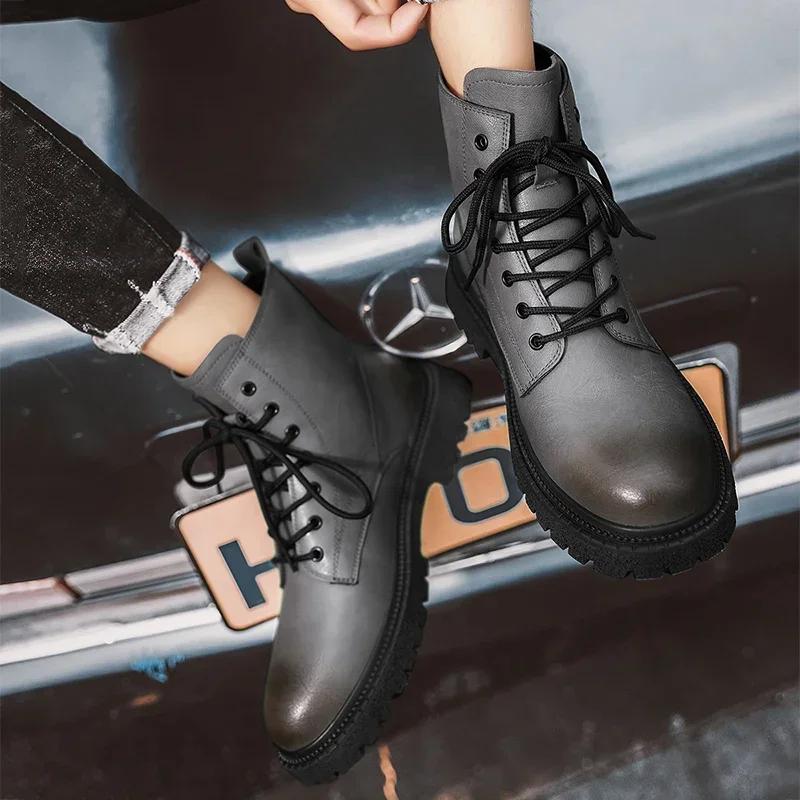 Winter Plush Mens Lace Up Leather Boots Genuine Leather Boots British Style Casual High Top Leisure Side Zipper Motorcycle Boots