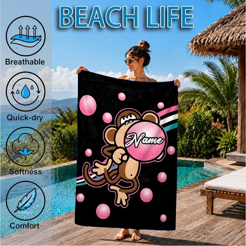 Custom Name Monkey Art Bobby Heart In Space Adventure Microfiber Beach Towel, Lightweight for Summer Travel, Swimming Pool Fan Gift