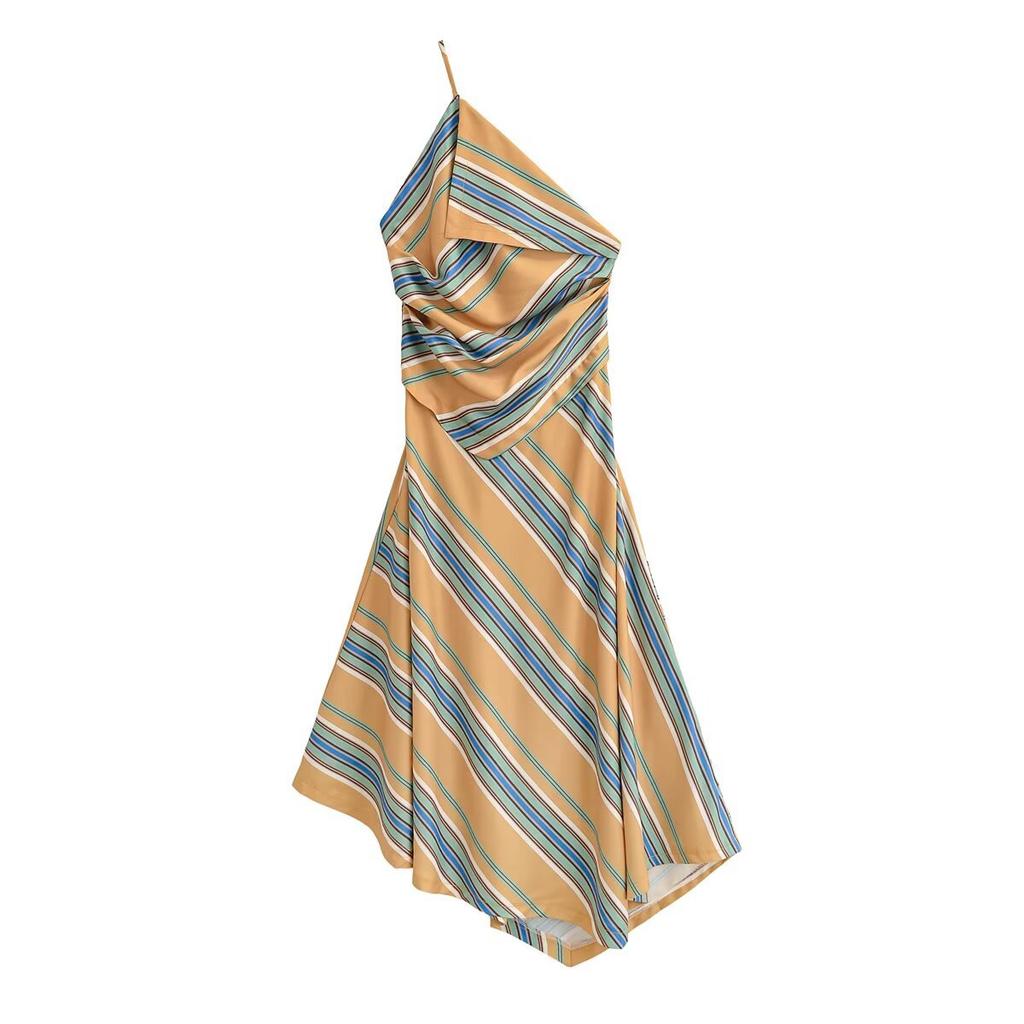 Sommer neue Damenmode Urlaub sexy asymmetrisches gestreiftes Midi-Latzkleid