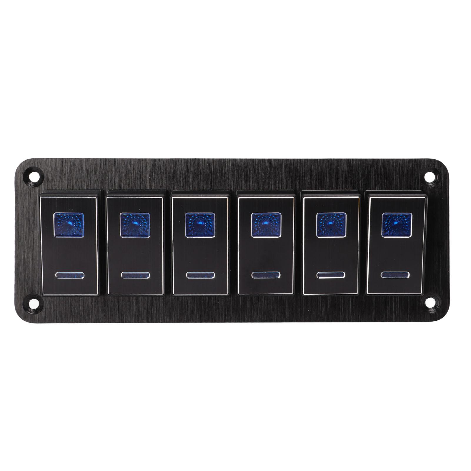 

6 Gang Rocker Switch Panel Waterproof Blue Backlit Aluminum Alloy Anodize Black for Car Truck RV Boat DC12V‑24V