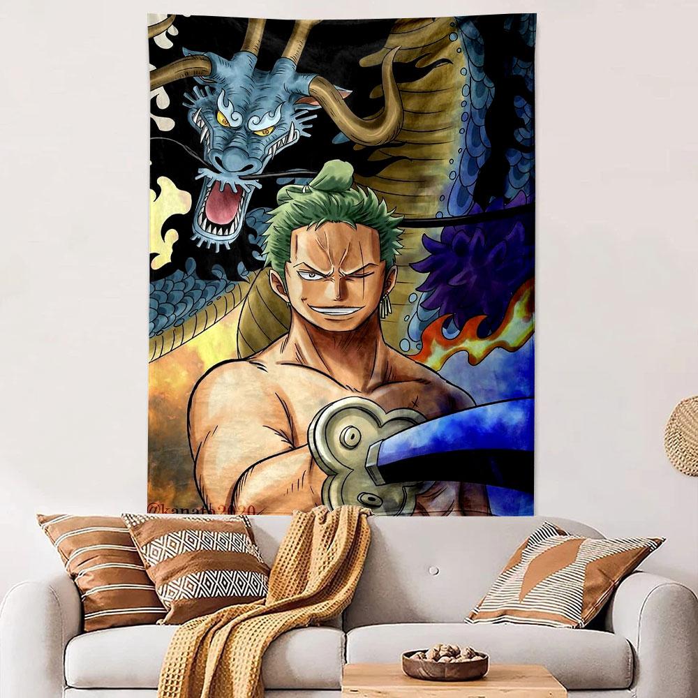 Roronoa Zoro One Piece with Blue Dragon Behind Sword Wall Tapestry Anime Decor for Bedroom Game Room Gift for Fans