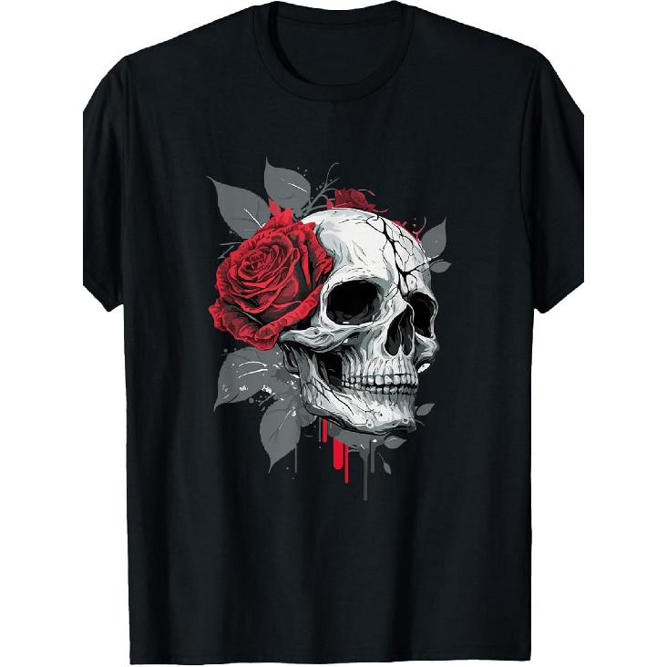 Rose Skeleton Skull Hand Red Flower Rose T-Shirt S